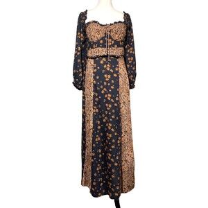 Free People Tigerlily Midi Dress Smocked Floral Milkmaid Black Boho Medium